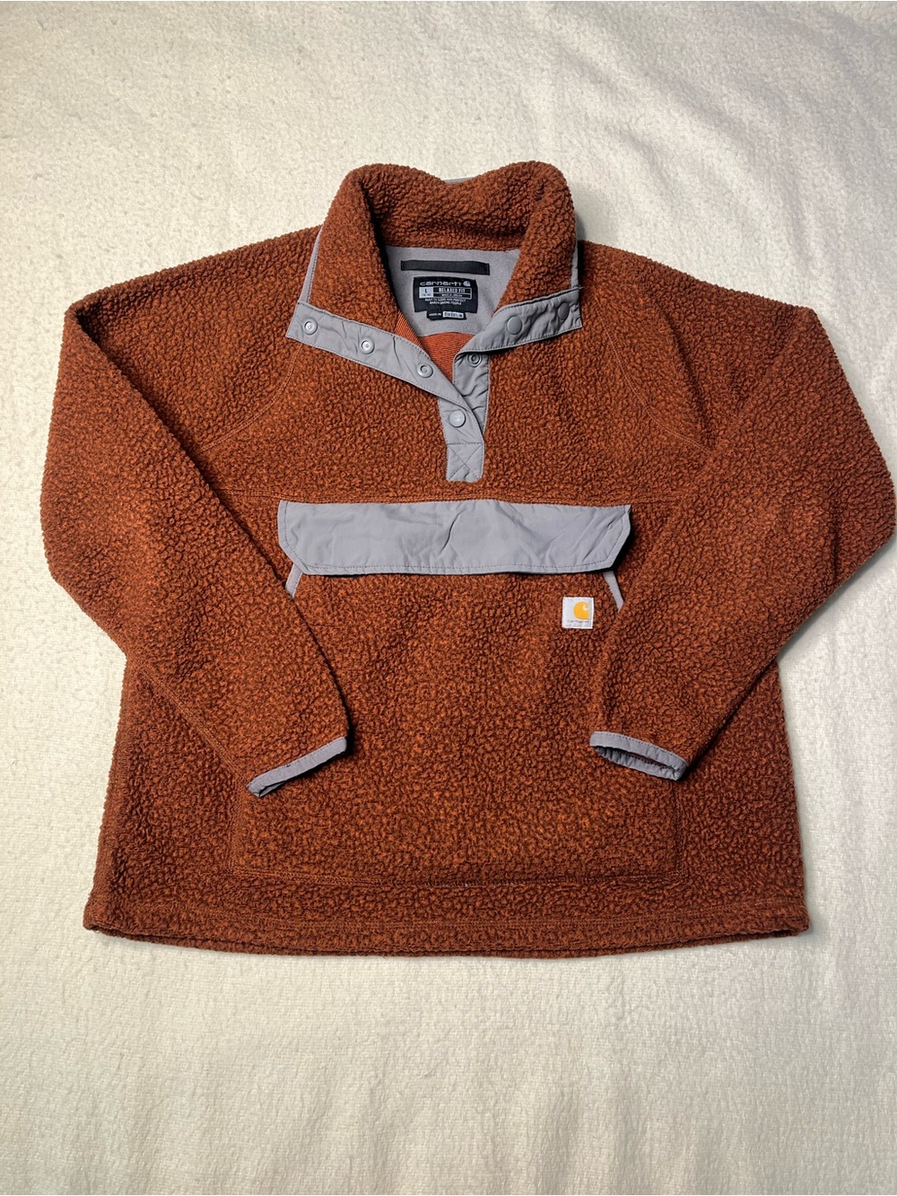 Carhartt 1/4 Button Brown Sherpa Kangaroo Pocket Pullover Sweatshirt Women’s L